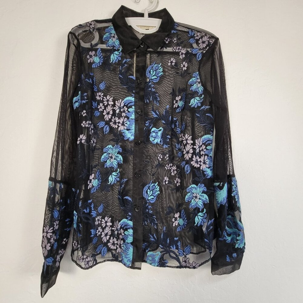SB By Sachin & Babi Blue Sheer Floral Embroidered Button-Up Top Medium New $99